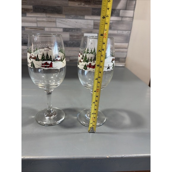 Libbey Currier Ives Wine Glasses Water Goblet Christmas Winter Scene Set of 2 - Picture 9 of 11